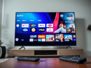 4K IPTV Streaming Service interface on a modern smart TV screen with vibrant content