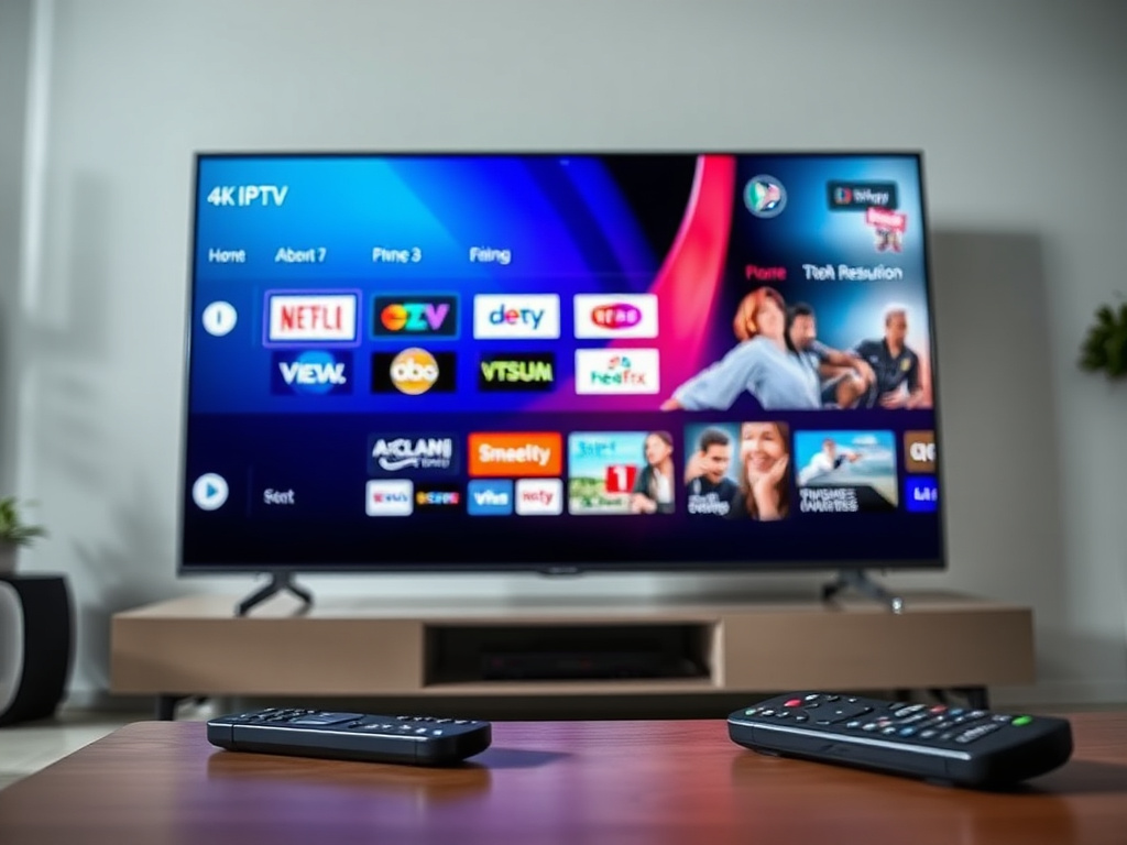 4K IPTV Streaming Service interface on a modern smart TV screen with vibrant content