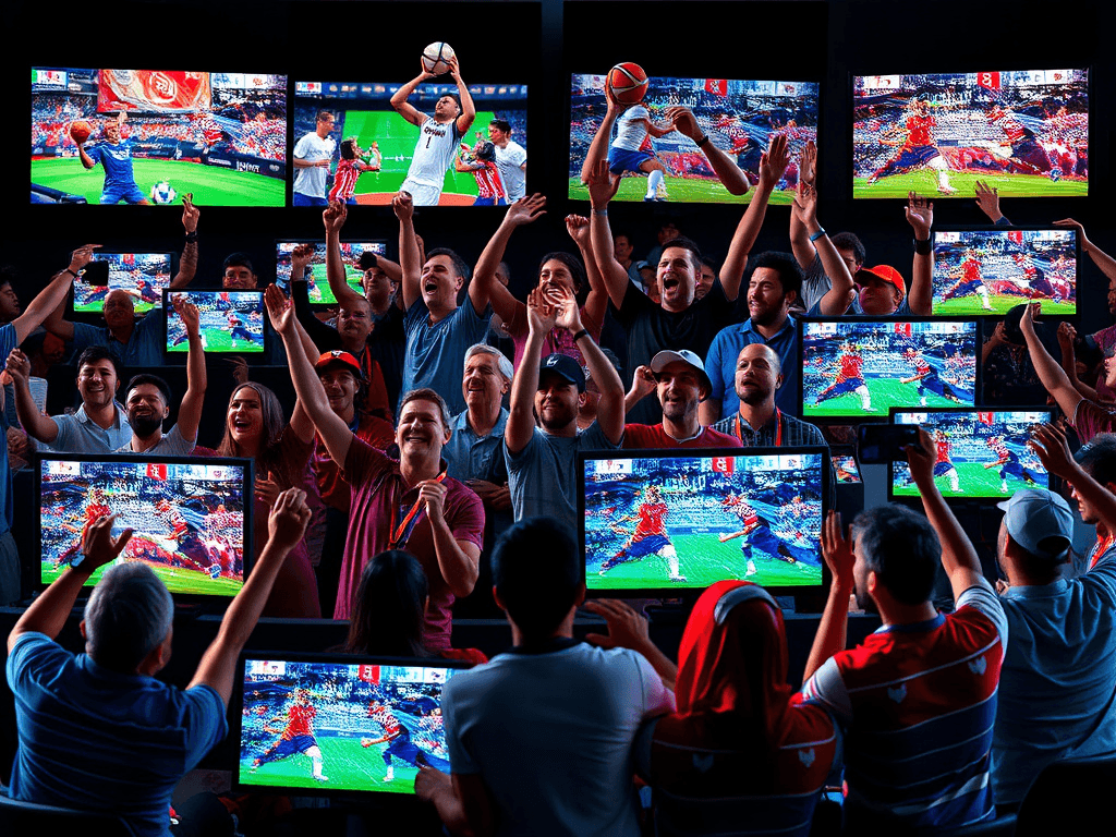 A close-up of a diverse group of sports fans cheering enthusiastically while watching different sports on multiple screens, highlighting the variety a Sports IPTV Provider offers.