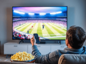 A person happily watching a football match on a large screen TV, with a remote control in hand, clearly enjoying the Sports IPTV Provider service.