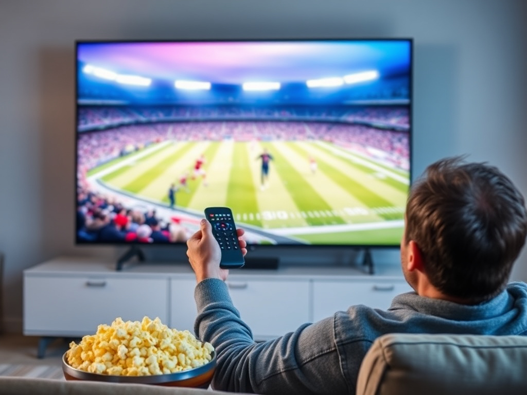 A person happily watching a football match on a large screen TV, with a remote control in hand, clearly enjoying the Sports IPTV Provider service.