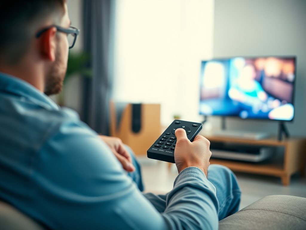 A person watching TV on their couch with a remote control in hand