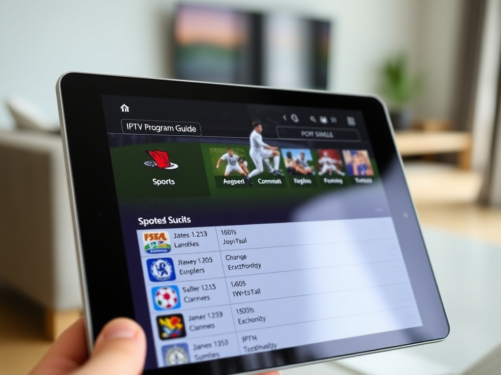 A user-friendly interface of an IPTV app displayed on a tablet, showing an electronic program guide (EPG) with various sports channels and schedules, indicating easy navigation for a Sports IPTV Provider.