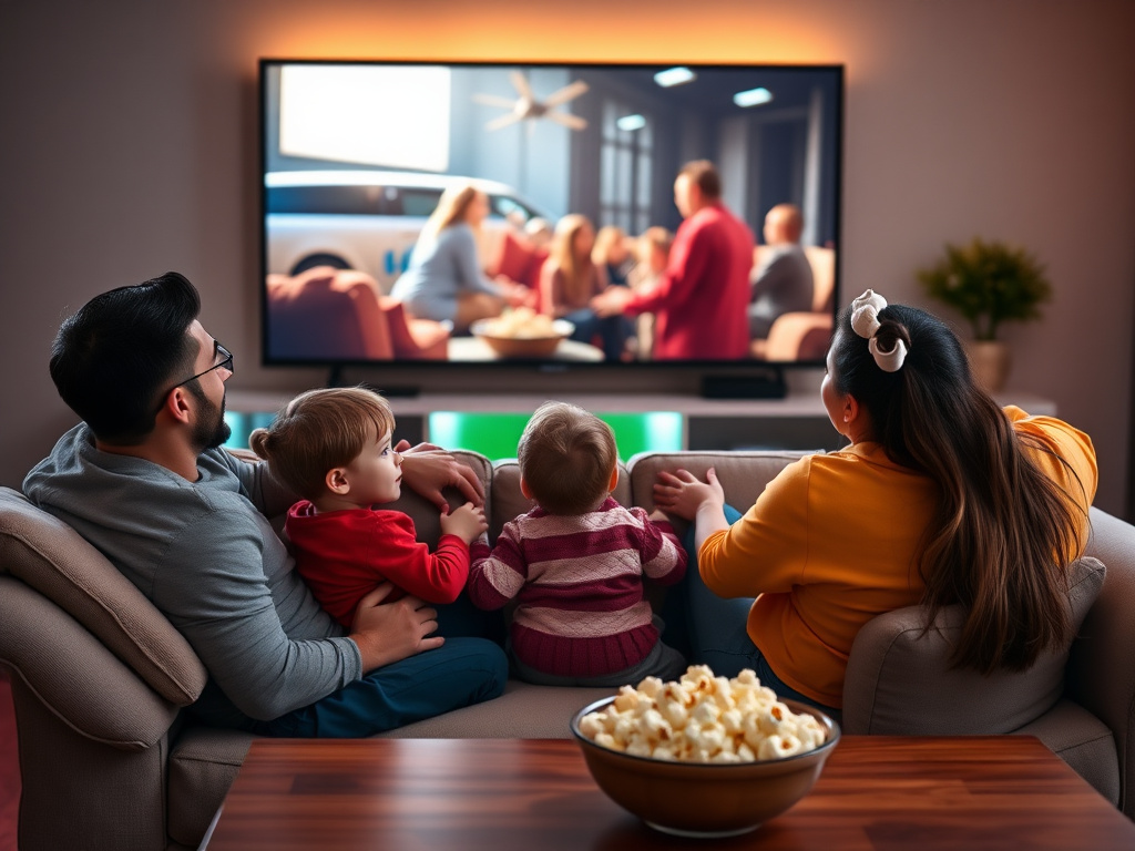 Family enjoying a 4K IPTV streaming service on a large screen with popcorn