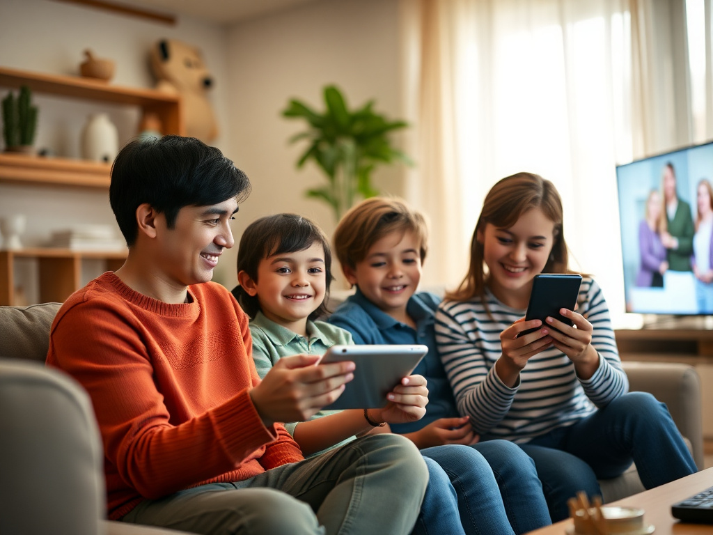 Family enjoying IPTV Subscription USA service on multiple devices simultaneously