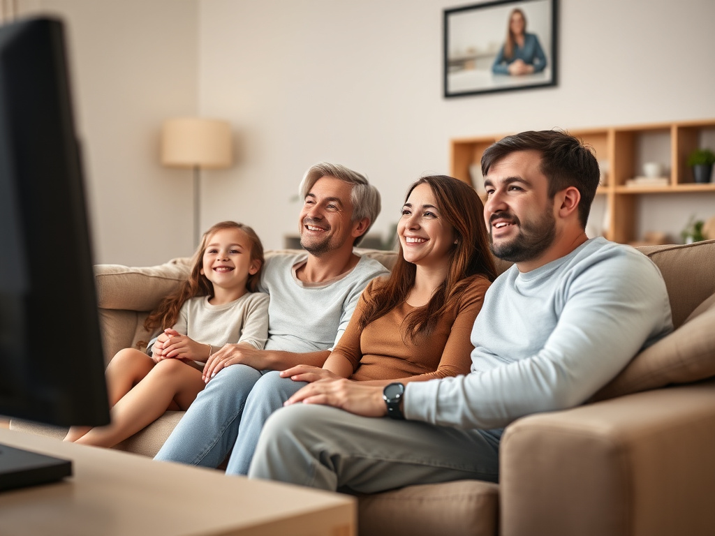 Family watching the best IPTV service USA on large screen television in living room