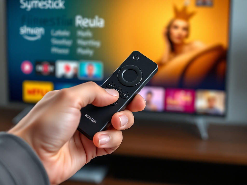 Firestick remote control navigating through IPTV channel guide interface