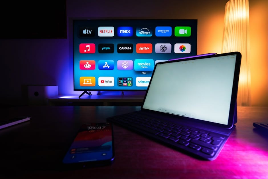 Home entertainment setup with IPTV Services running on smart TV showing international channel selection