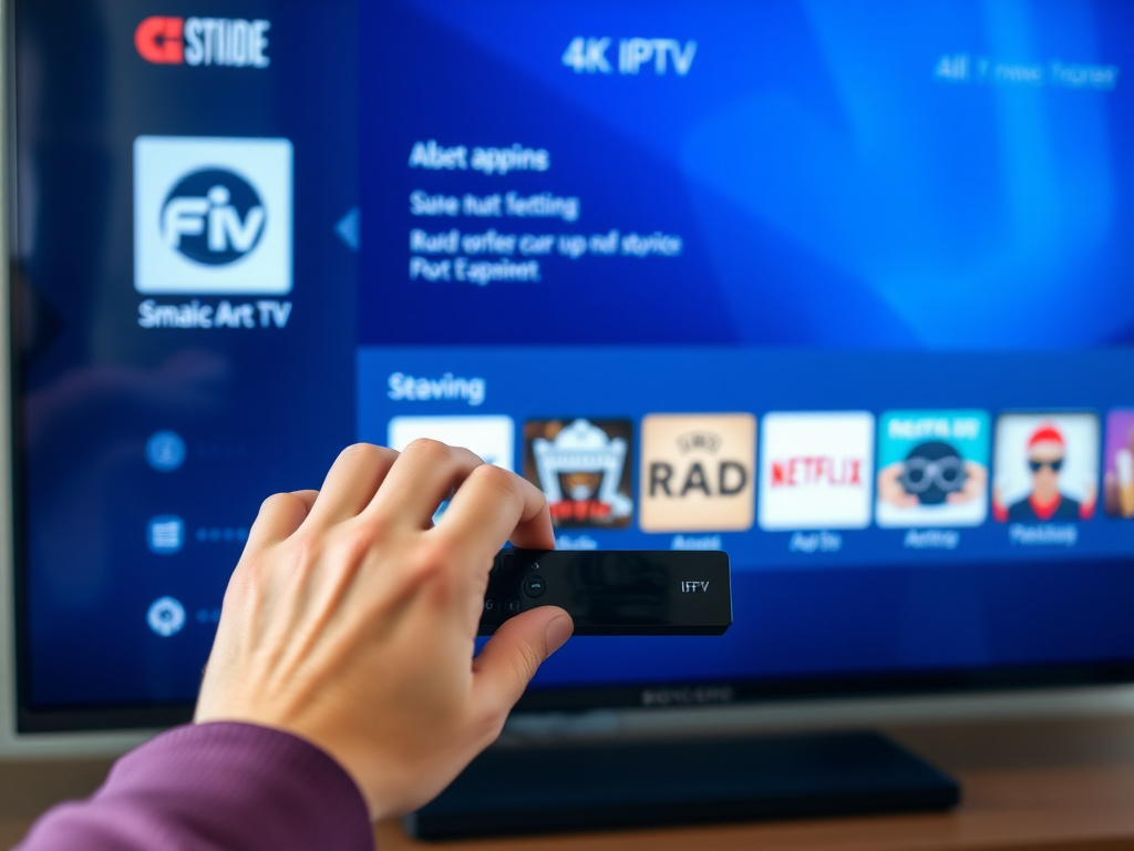 Person setting up a 4K IPTV streaming service on a device, with apps shown