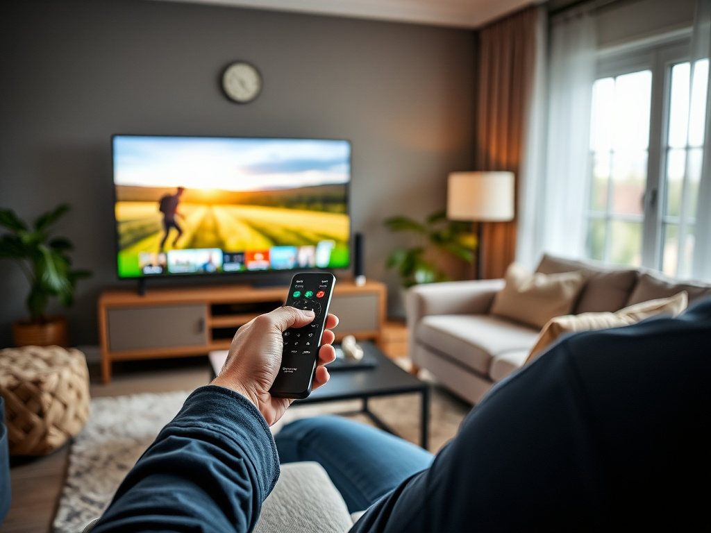 Person testing IPTV service on smart TV with remote control
