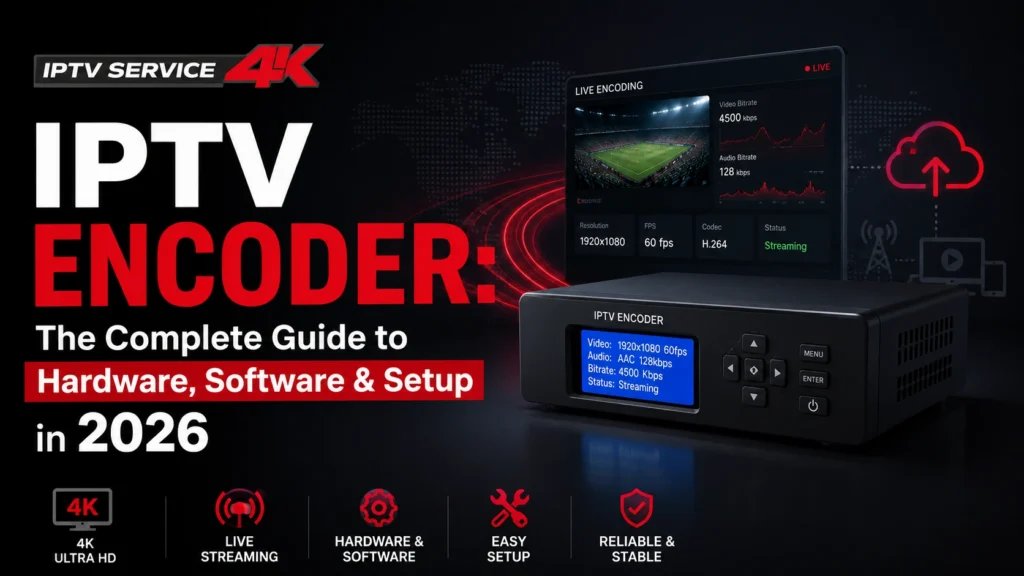 IPTV Encoder guide 2026 showing a 4K IPTV service, live encoding dashboard, and professional IPTV encoder hardware.
