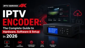 IPTV Encoder guide 2026 showing a 4K IPTV service, live encoding dashboard, and professional IPTV encoder hardware.