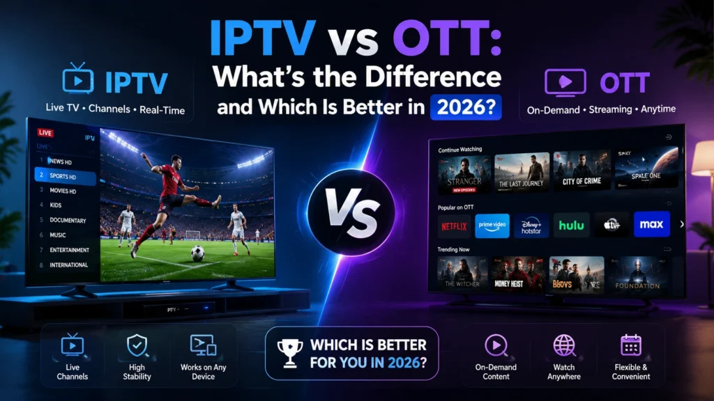 IPTV vs OTT comparison showing live TV channels and sports on one side and on-demand streaming content on the other, highlighting the differences and benefits of each in 2026.