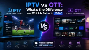 IPTV vs OTT comparison showing live TV channels and sports on one side and on-demand streaming content on the other, highlighting the differences and benefits of each in 2026.