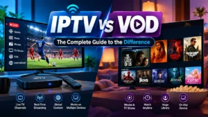 Alt text: IPTV vs VOD comparison showing live TV channels on one screen and an on-demand movie library on another