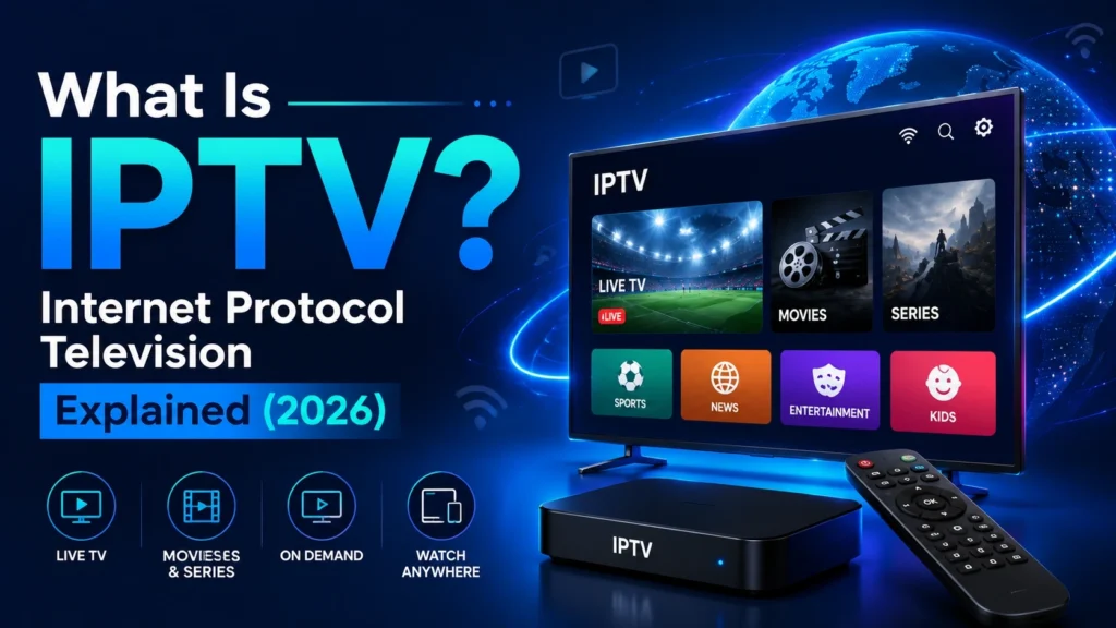 IPTV set-top box and smart TV interface showing live sports, movies, and series menu