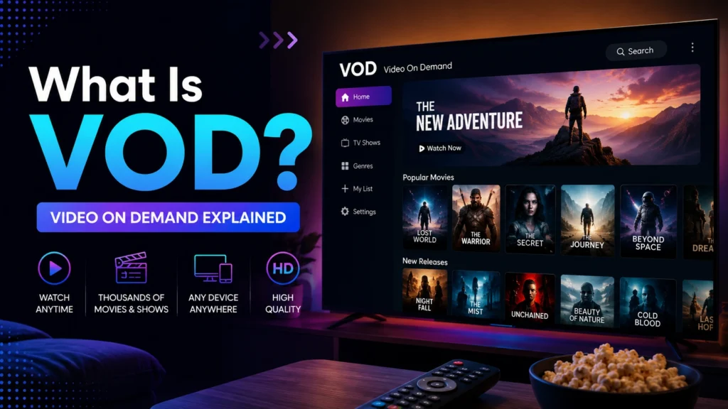 VOD streaming interface on smart TV showing popular movies and new releases library